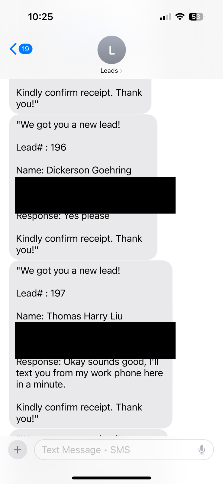 Example storm leads delivered by text message with addresses and phone numbers redacted